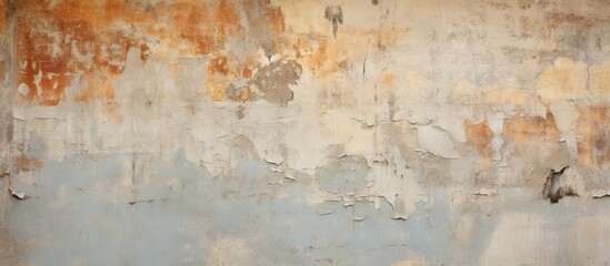 An aged wall adorned with faded paint and remnants of peeling colors offers a captivating copy...