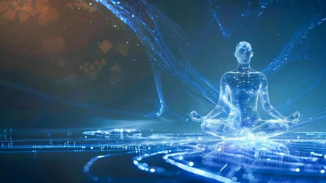 Man in a lotus position, the body is made of blue particles spreading waves of energy all around it.