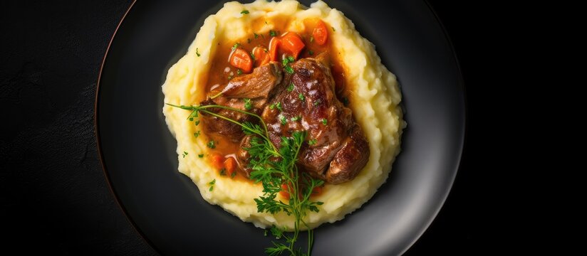 A top view of a plate with osso buco cross cut veal shank and mashed potato The dark background creates a copy space image