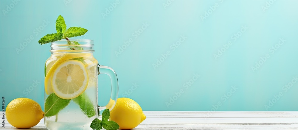 Aufkleber lemonade with soda water lemon and mint leaves in a jar on a light background includes copy space im