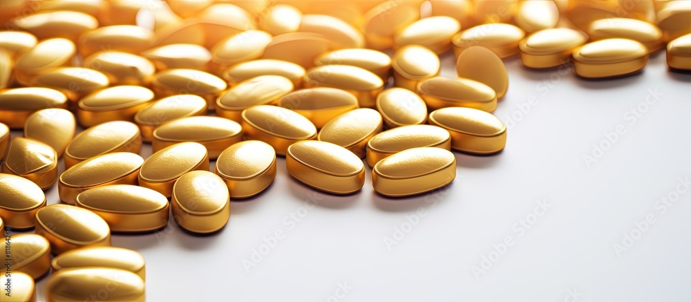 Poster golden heart shaped pills with ample copy space for text