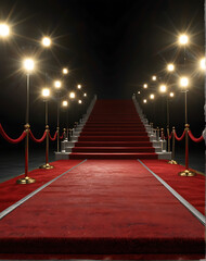 Red carpet rolling out in front of glamorous movie premiere background. VIP treatment, show and fashion concept. Unrecognizable man Rolling out the red carpet