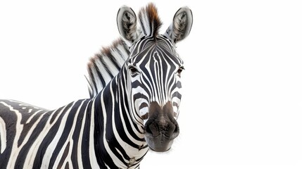 Portrait of a zebra  looking at camera. on white background. Wild animals' protection concept.  Selective focus. Copy space. Place for text. Generative AI.
