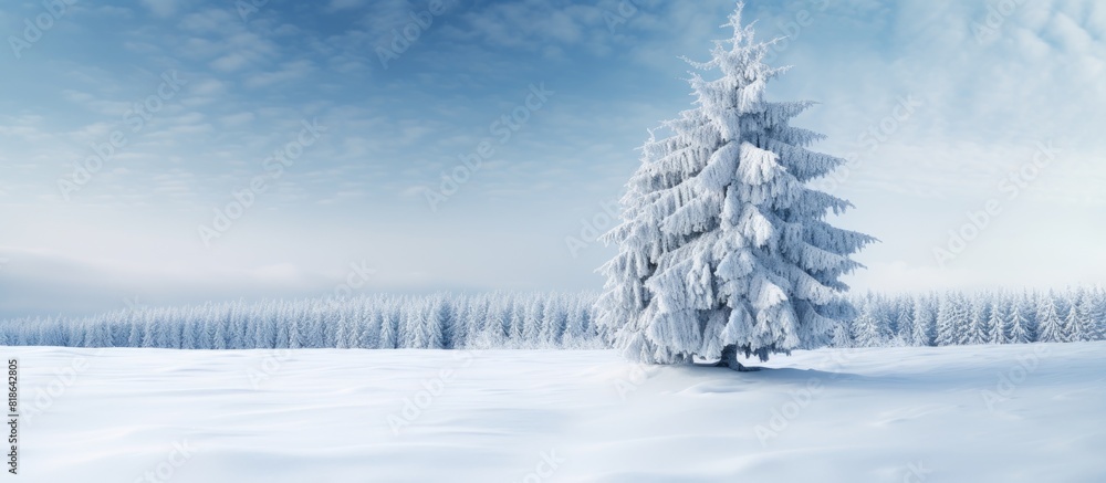Poster close up copy space image of a snow covered fir tree on a winter day providing room for additional t