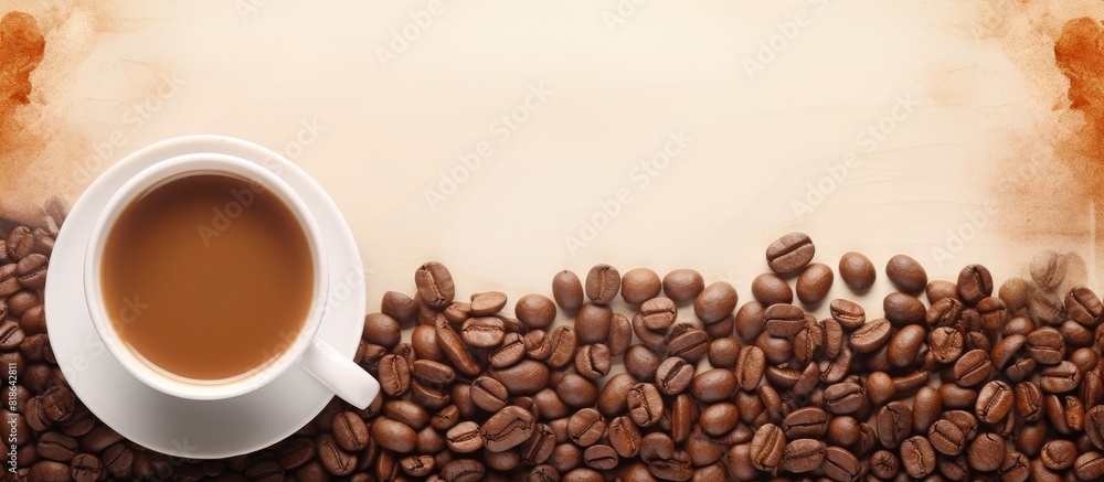 Aufkleber A coffee themed background featuring a white coffee cup surrounded by coffee beans and plenty of space to add text or images. Creative banner. Copyspace image