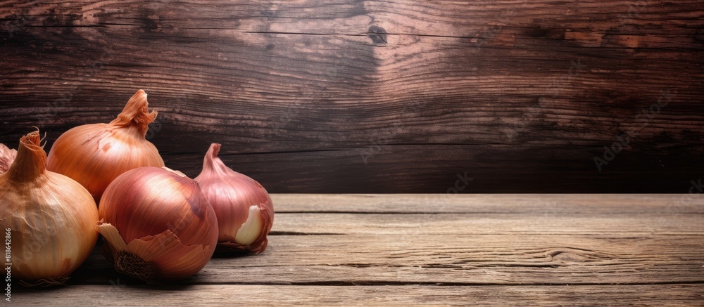 Poster A copy space image of onions placed on a rustic weathered wood table
