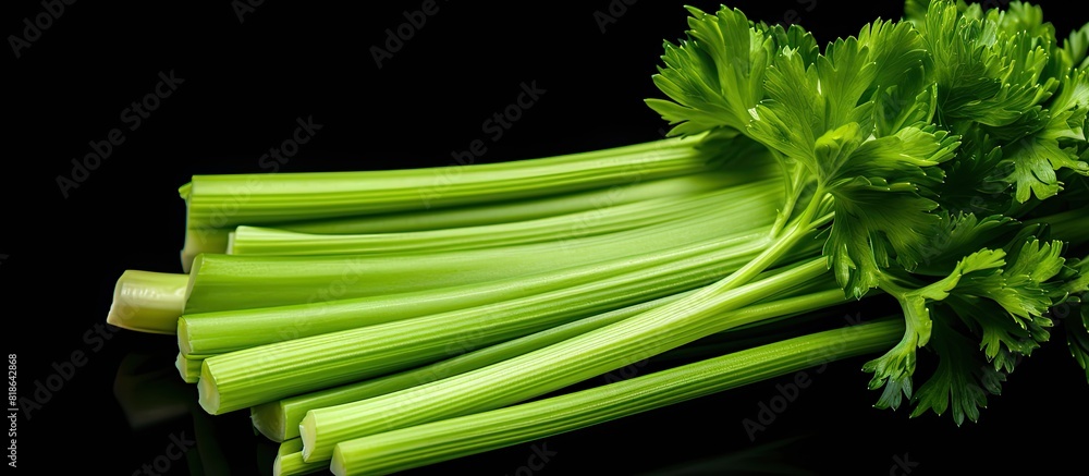 Aufkleber celery sticks arranged on a black background for a copy space image
