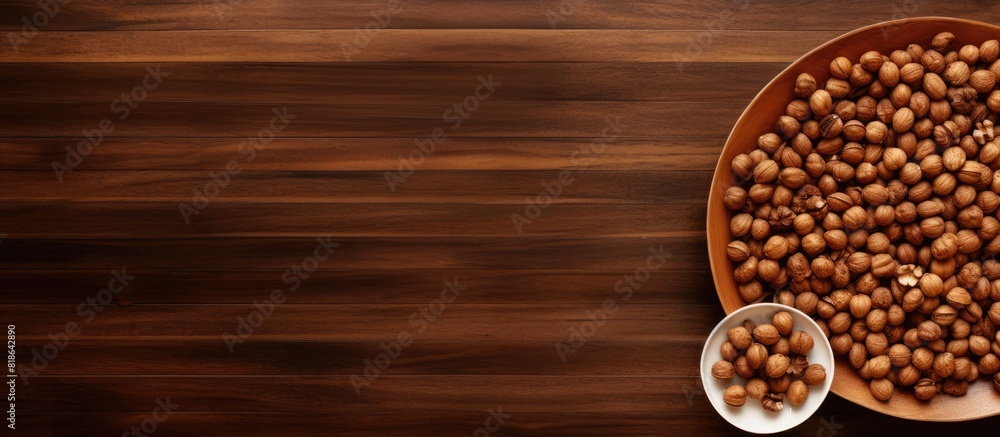 Poster A top down view of a wooden table with a plate holding a stack of hazelnuts creating a visually appealing copy space image