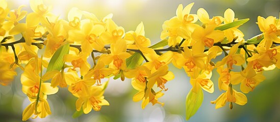 A branch of yellow oncidium orchids adorning the garden creating a vibrant backdrop of summer or spring nature with plenty of copy space