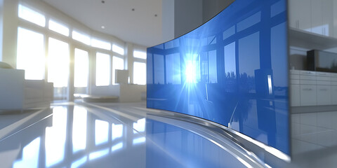 Flachbildschirm im eleganten Design mit futuristischer Einrichtung als Hintergrund im Querformat für Banner