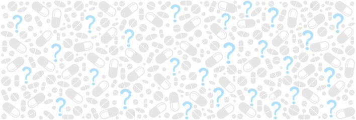 Medicine background with pills and Question mark. needed medicine and medication or cure concept. Good for textile fabric design, wrapping paper, website wallpapers, textile, Vector Illustration
