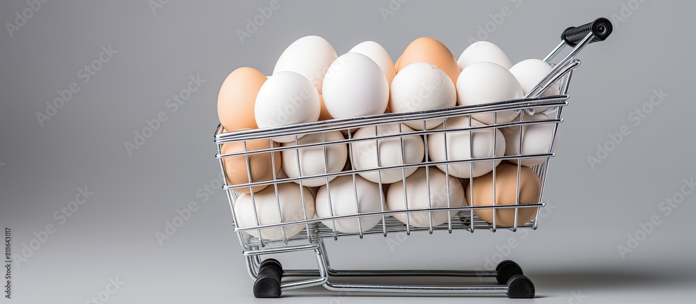 Aufkleber a high quality photo showing fresh chicken white eggs placed in a shopping trolley against a gray ba