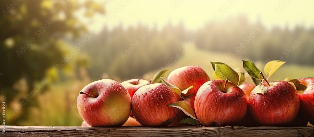 Poster freshly picked apples on a farm with plenty of copy space in the image