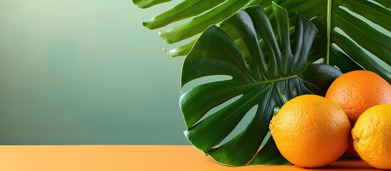 The monstera leaf and orange fruit are displayed in the copy space image