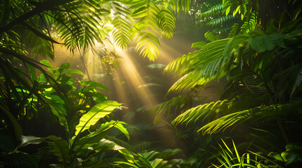 A lush, dense jungle with sunlight filtering through the green leaves at sunset
