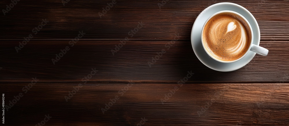 Poster a top down view of a cup of espresso coffee placed on a dark wooden backdrop providing ample space f