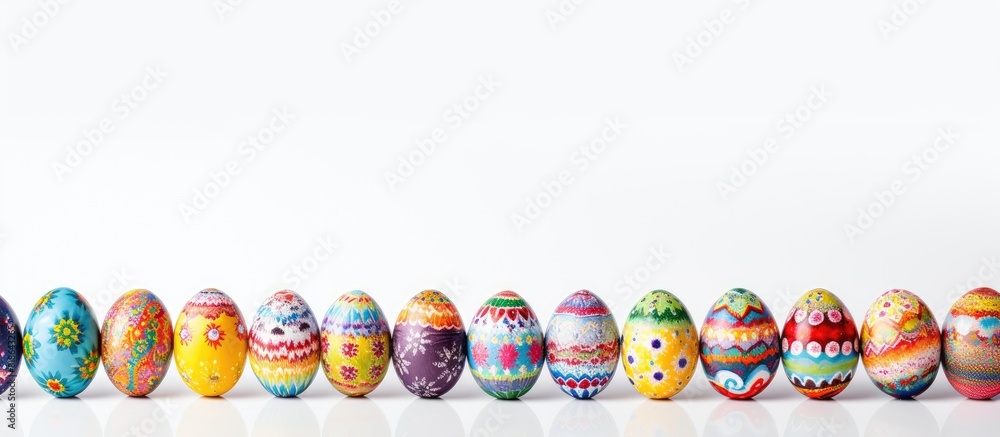 Poster Festively painted Easter eggs on a white background creating a vibrant and visually appealing copy space image