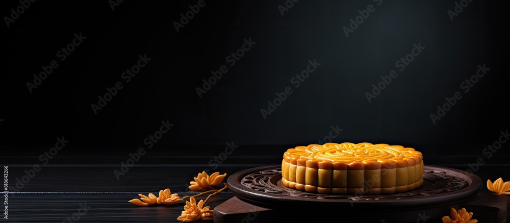 Poster Copy space image of Moon cake yolk pastry displayed on a dark gray table background to symbolize the Mid Autumn Festival holiday