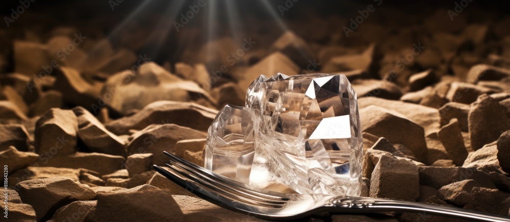 Poster On the table there is a tuning fork and a crystal with plenty of empty space around them for a background image. Creative banner. Copyspace image