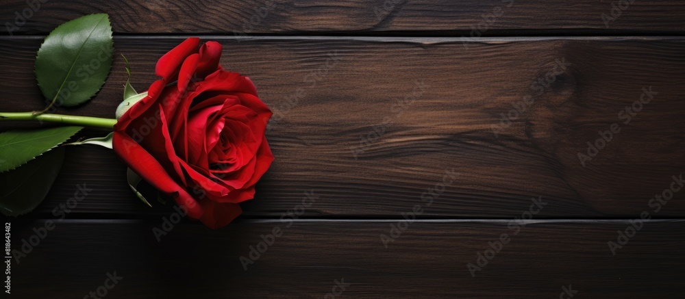 Aufkleber a red rose on a dark wooden background with empty space for text or image display. creative banner. 
