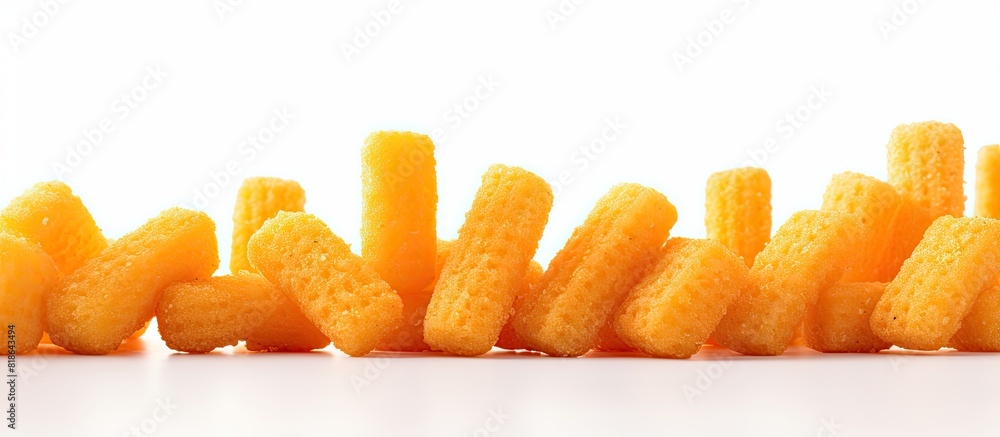 Poster A close up view of crispy cheese stick bites on a white background with copy space for additional images or text