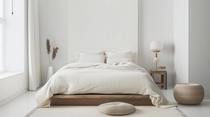 Minimalist Bedroom with white walls, a low-profile bed, simple bedding, and minimal decor