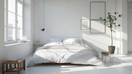 Minimalist Bedroom with white walls, a low-profile bed, simple bedding, and minimal decor