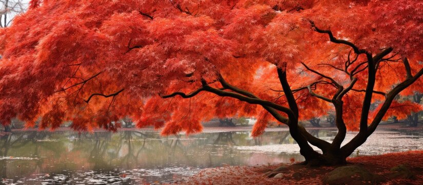 In autumn the foliage of the Acer japonicum tree transforms into a vibrant shade of red creating a visually appealing copy space image