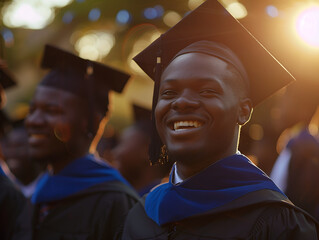Fototapeta premium Happy African man in graduation costume with his classmates