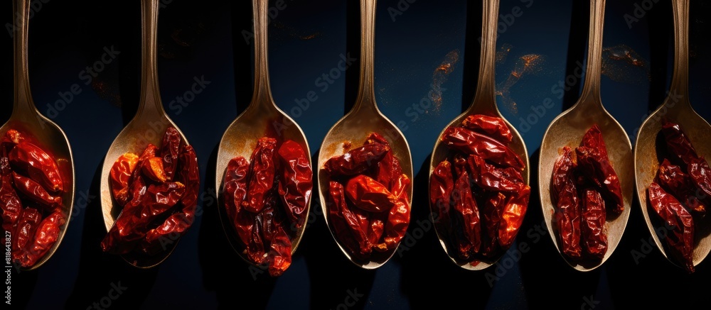 Poster a food oriented background featuring dried hot peppers on a spoon with ample space for text or other