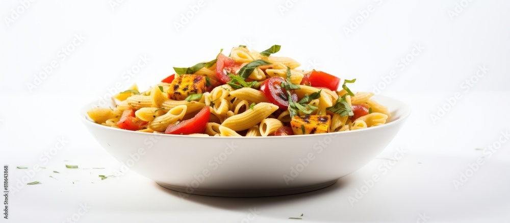 Poster low angle view of a bowl of homemade grilled corn summer pasta salad placed on a white wooden backgr