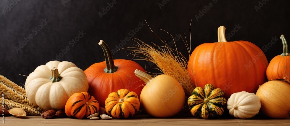 Aufkleber an assortment of pumpkins and pine nuts in an autumnal copy space image