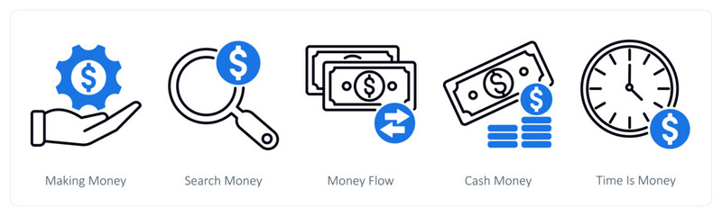 A set of 5 Banking icons as money making, search money, money flow