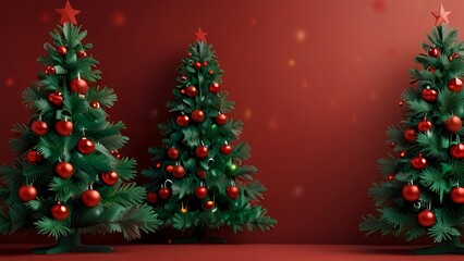 Fototapeta premium Three green Christmas trees with red ornaments and star toppers on a festive red background with bokeh lights, copy space