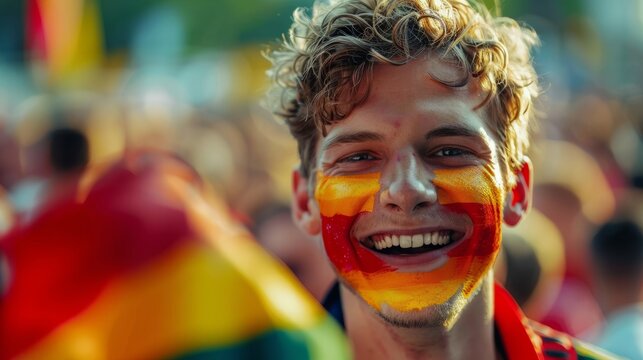 Vibrant Portrait of a Joyful male Germany Supporter with a German Flag Painted on His Face, Celebrating at UEFA EURO 2024 - Powered by Adobe