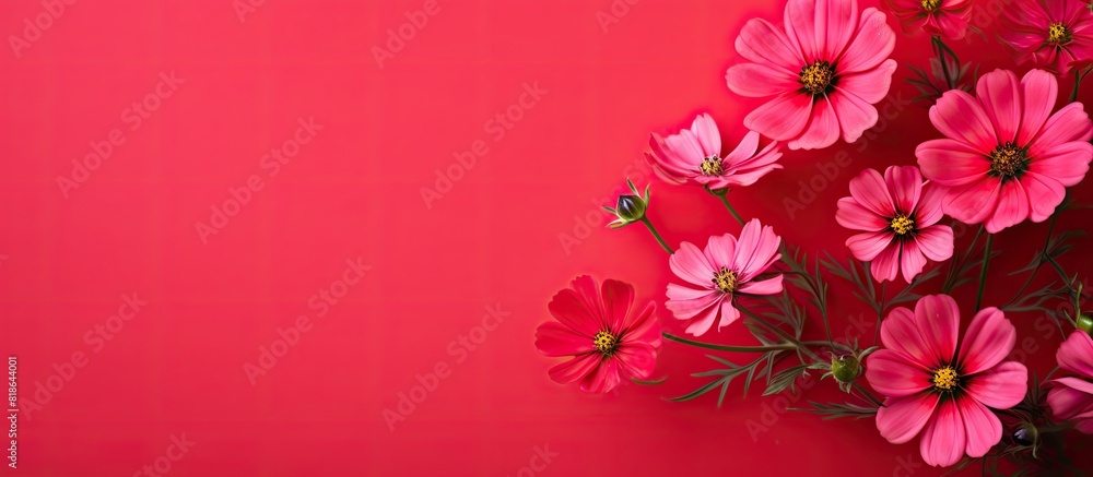 Poster a visually appealing copy space image consists of adorable pink flowers placed on a vibrant red back
