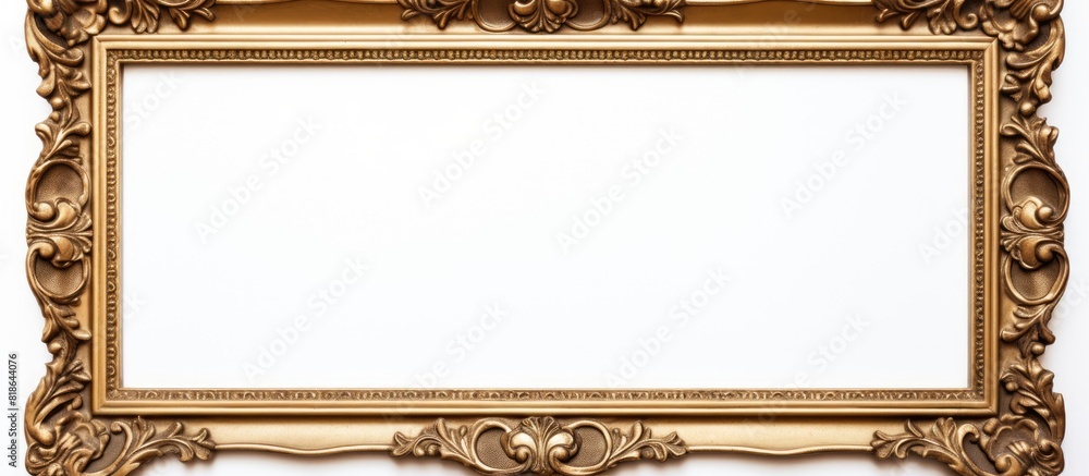 Aufkleber a golden picture frame stands alone against a white background leaving ample copy space for addition