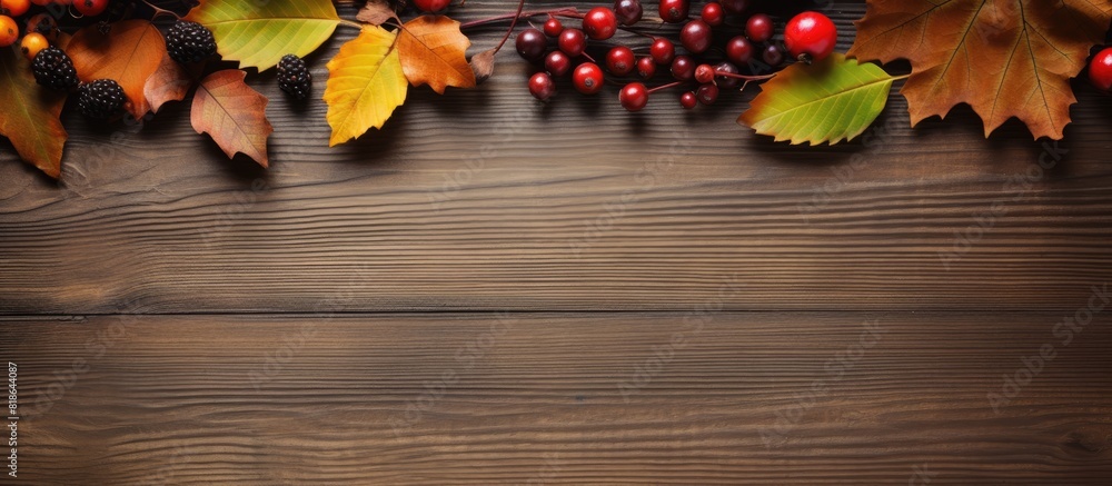 Poster a thanksgiving concept featuring autumn berries and leaves on a wooden background creating a serene 