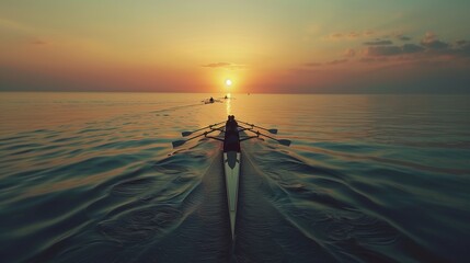 Teammates rowing together in perfect synchrony, gliding across the water towards the finish line.