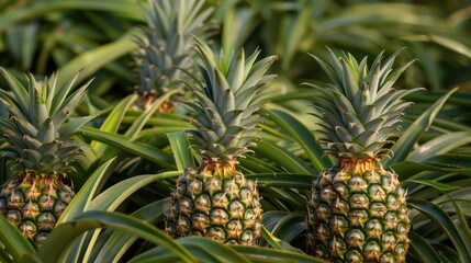 Ripe pineapple fruit ready to harvest in modern organic farming field.