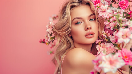 A woman is surrounded by pink flowers and is wearing a pink dress. She has a beautiful smile and is posing for a photo. Concept of happiness and positivity. fashion blond woman with flowers