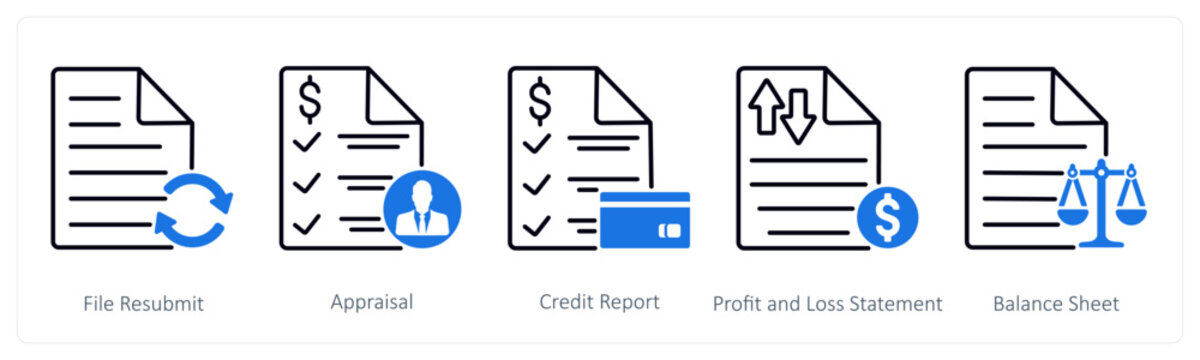 A set of 5 Banking icons as file resubmit, appraisal, credit report, profit and loss statement