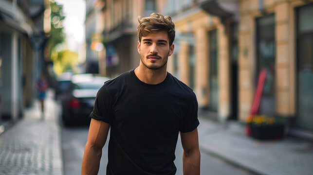 A man in a black shirt is standing on a sidewalk in front of a building. He has a beard and is looking at the camera. Male model in a classic black cotton T-shirt on a city street