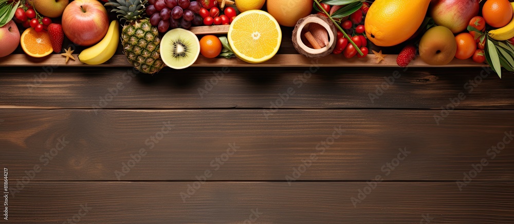 Poster copy space image featuring a wooden table adorned with palm oil and a variety of fresh fruits creati