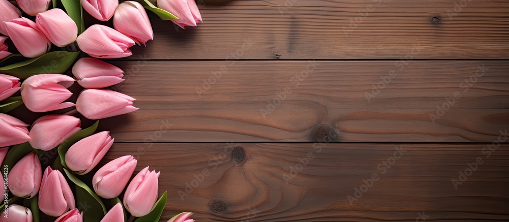 Poster Tulip leaves creatively arranged on a wooden table forming a beautiful frame with sufficient copy space for an image