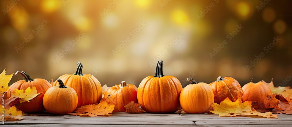 Poster autumnal leaves create a backdrop for pumpkins in the copy space image