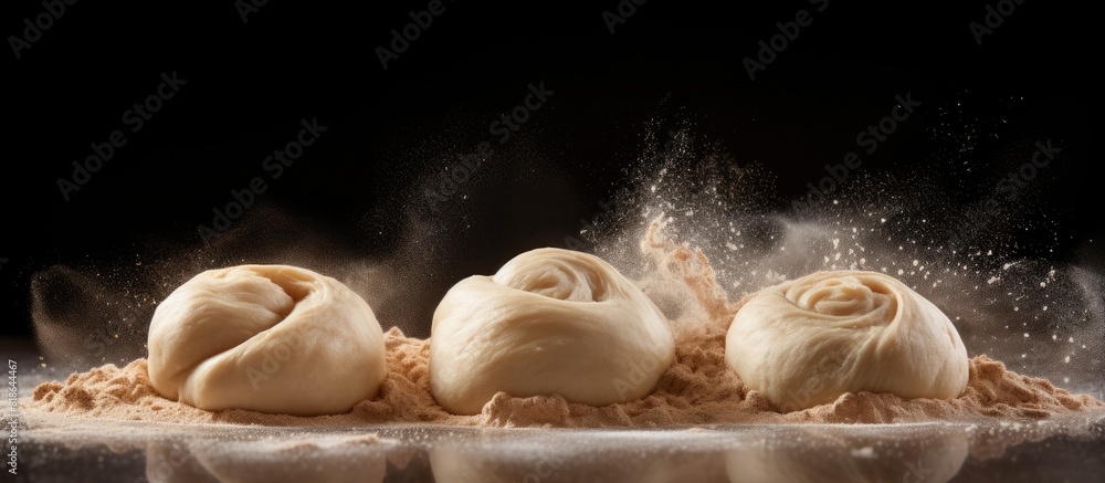 Poster a copy space image featuring the cooking process of raw dough used for cinnabon cinnamon buns
