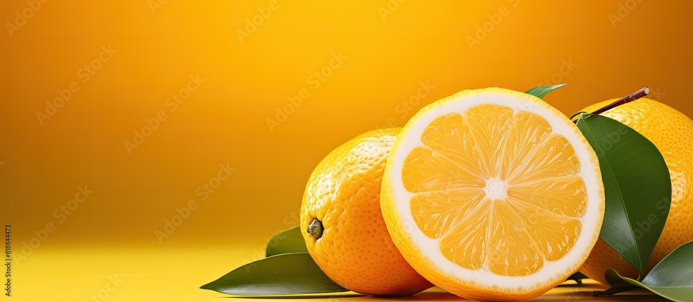 Poster a vibrant orange background hosts a ripe freshly cut lemon with ample space for copy or other additi