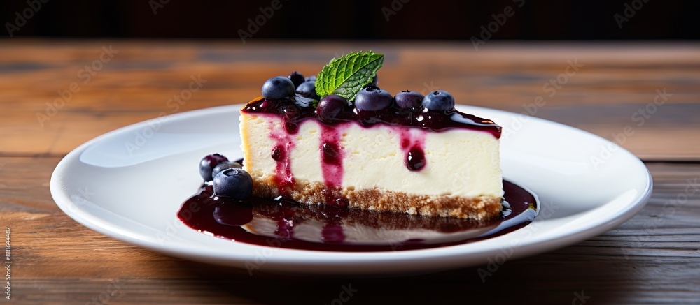 Poster a blueberry cheesecake is displayed on a white dish placed on a wooden table creating a visually app