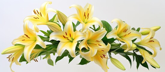 A stunning copy space image showcasing a bouquet of fresh yellow lilies against a pristine white backdrop